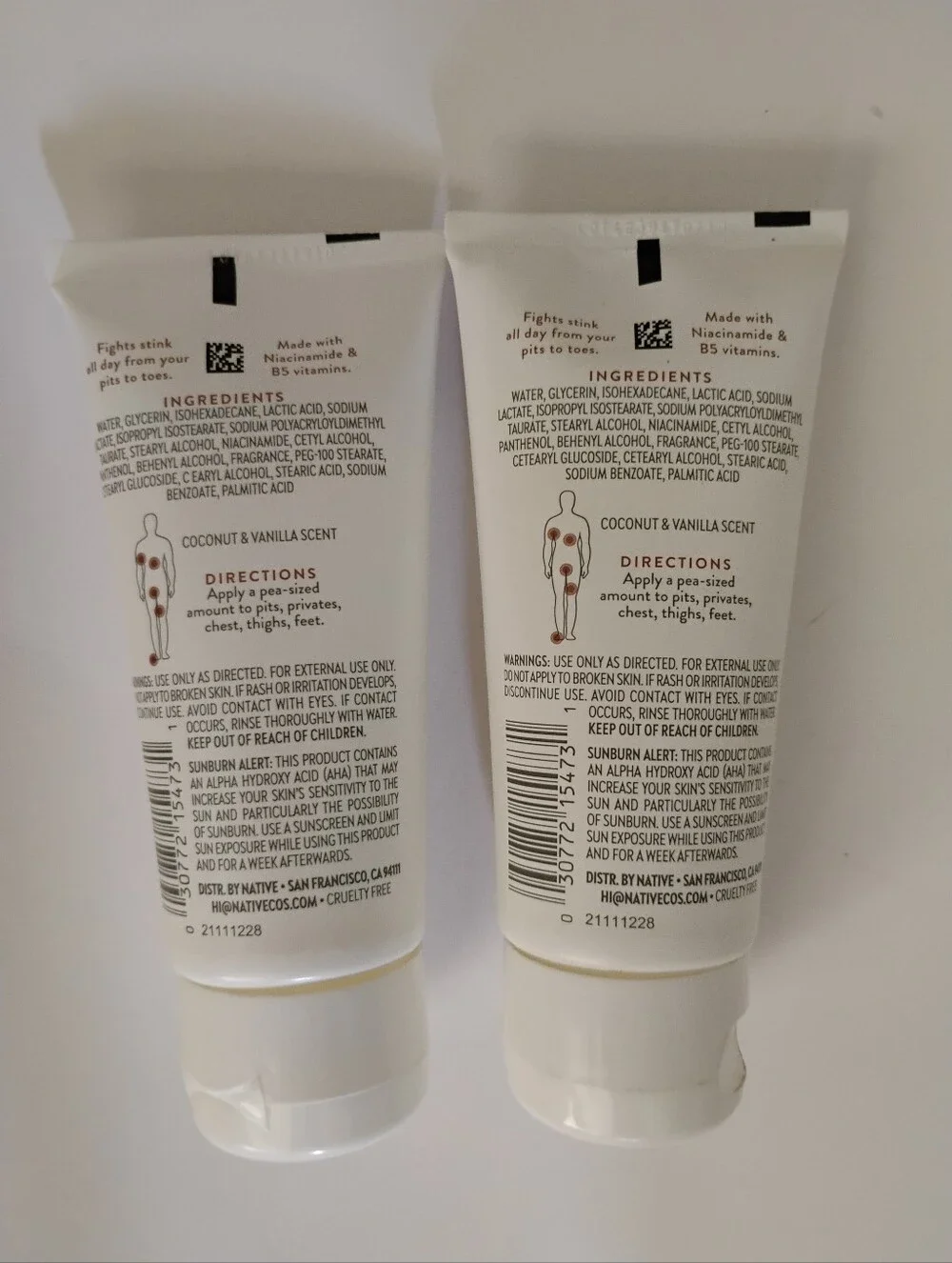 2 Native Whole Body Cream Deodorant Coconut & Vanilla .3 oz Aluminum Free